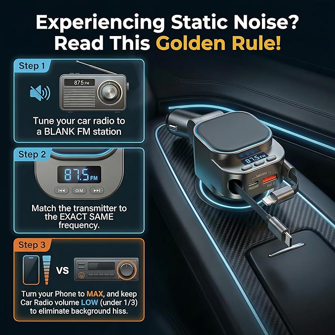 Retractable Car Charger, 96W FM Transmitter, 4-in-1 Fast Charging USB C Bluetooth 5.3 Car Adapter, Wireless Radio Receiver