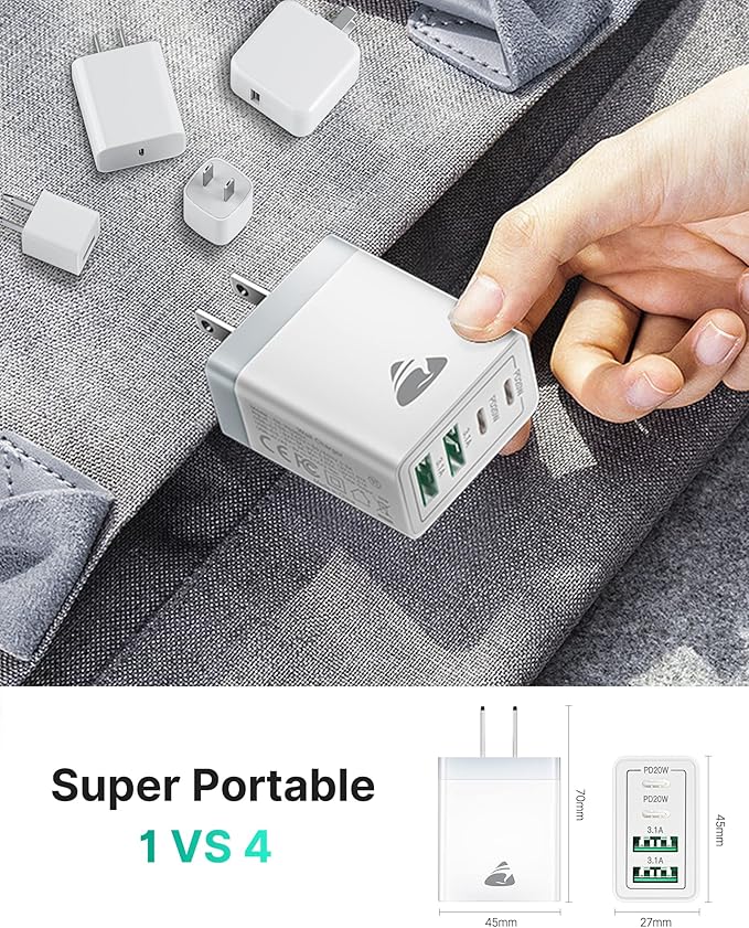 [2-Pack] USB C Wall Charger, 40W Fast USB C Charger Block, 4-Port PD Power Adapter + QC Wall Plug Multiport Type C Charging Block Cube Compatible with iPhone 16 15 14 13 12 11 Pro Max XR XS 8, Samsung