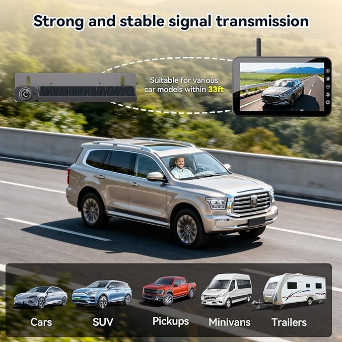 Solar Wireless Backup Camera with 5” IPS Monitor, Reversing System Powered by Rechargeable Battery and Solar Panel, 3-min Easy Installation, IP68 Waterproof, for Car, Trailer, RV, Pickup