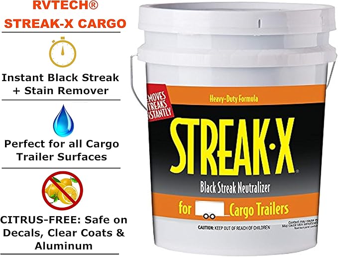 RVTECH Streak-X Cargo + Enclosed Trailers Instant RV Black Streak Remover - Race Hauler Stain Smoke Soot Bird Dropping Sap Brake Dust Tar Pro-Strength Cleaner Wash | 5 Gallon
