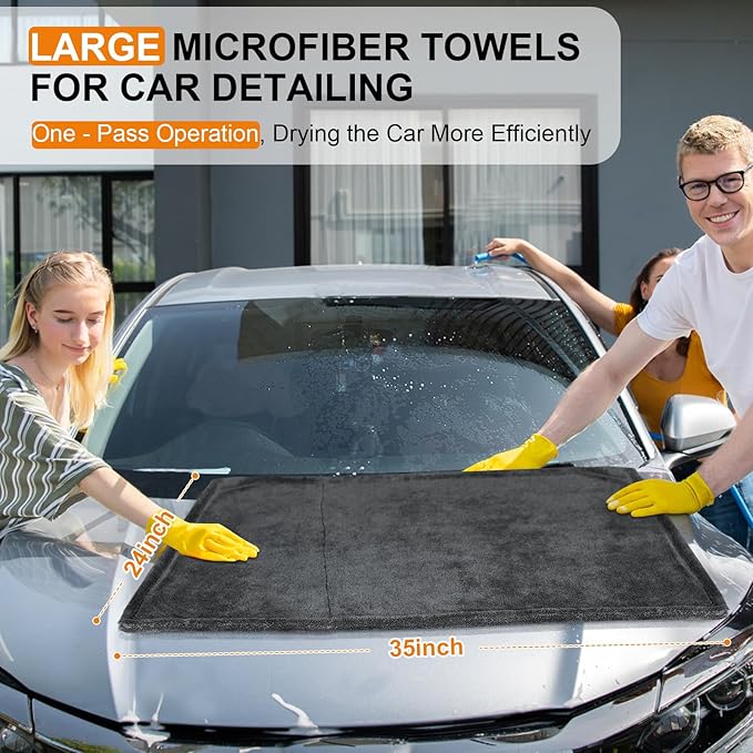 KZKR 2 Pack Car Drying Towel, Dual Sided Microfiber Cleaning Towels (24x35+16x16), 1300GSM Ultra Absorbent, Streak Free, No Scratch, Machine Washable