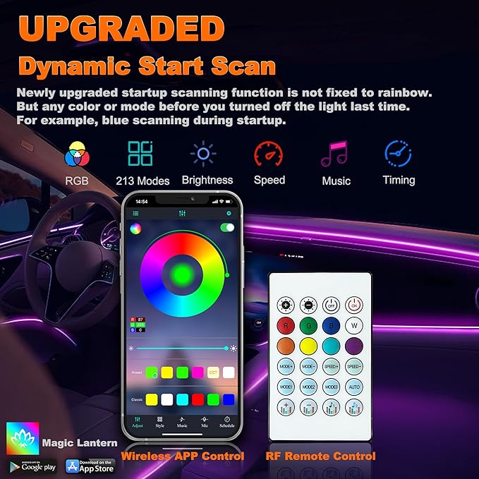Jushope Car LED Strip Lights, Interior Acrylic LED Lights for Car with Dynamic Rainbow Dream Color Chasing, Ambient Lighting Kits Music Sync (8 in 1(6 * 29.5+43.3+14.5 inches))