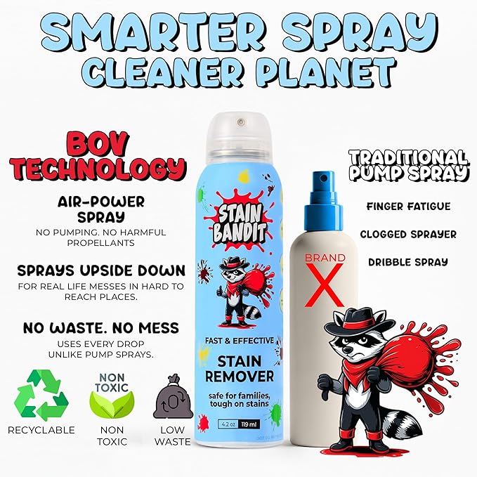 Stain Remover Spray | Non-Toxic Stain Remover Family Safe Formula | Bag-On-Valve 360° Continuous Spray Bottle | Cleaner for Clothes, Upholstery, Carpet & Car Seats 4.2 Oz, (Pack of 2)