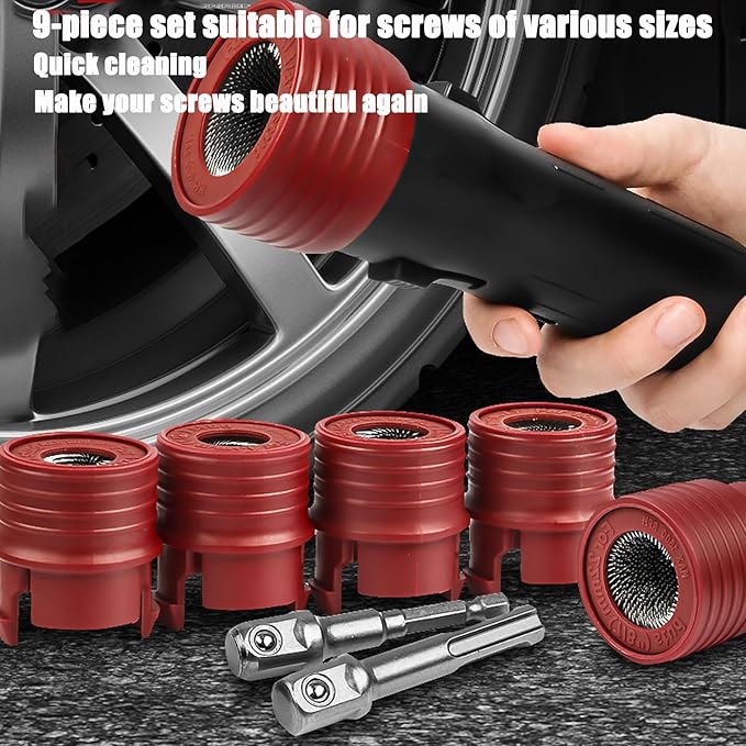 Wheel and Hub Stud Cleaning Tool Stud Cleaner Brush, 9-Piece Set Wheel Stud Cleaner, Automotive Wheel Stud Cleaner Tool Set for Removing Rust and Debris (Black)
