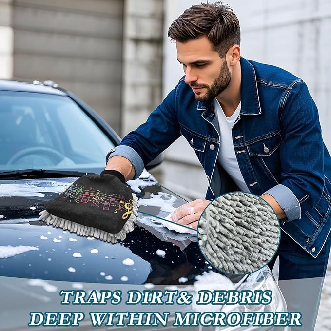 YETTASBIN Musical Note 2PCS Car Wash Mitts, Ultra Absorbent Chenille Microfiber Car Washing Gloves, Scratch-Free Lint-Free Auto Cleaning Mitt, Machine Washable Elastic Cuff Car Wash Sponge