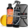 Carfidant Scratch & Swirl Remover with Ceramic Silk – Car Scratch Remover for Vehicles Paint Repair with Ceramic Coating Spray – Polishing & Washing Kits with Applicator Pad & Microfiber Towel