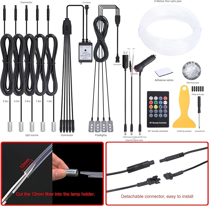 6 Meters Optic Fiber Car Ambient Lighting with RF Remote Control 64 Colors Multicoloured Music Interior Footwell Lighting Kit DC 12V 1W