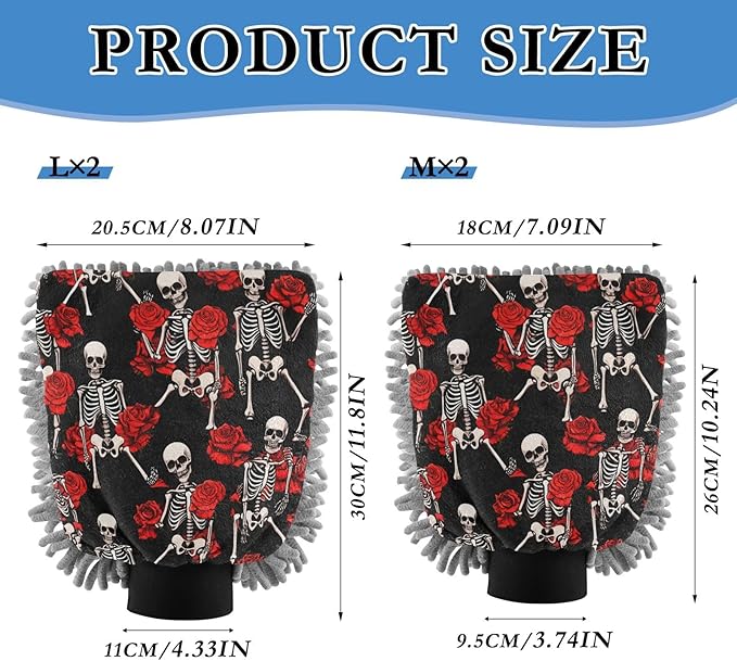 Qilmy Skeleton Rose Pattern Microfiber Chenille Car Wash Sponge Scratch Free Car Wash Mitt Absorbent Mitt Sponge for Trucks SUVs Car Washing Home Cleaning, Medium
