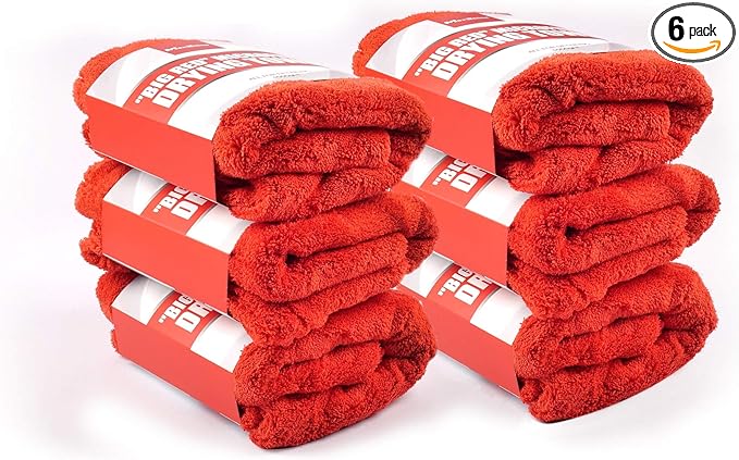 Maxshine 20" x 28" Universal 6-Pack Big Red Microfiber Towels (1000GSM) – Large, Plush, Rinse-Free Double-Sided Drying Towels – Professional Auto Detailing Cloths for Cars