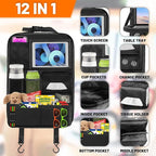 Backseat Car Organizer with Table Tray,12 Pockets Storage Organizer with Tablet Holder,Car Seat Organizer with Car Tissue Holder,Kick Mats Protector For Kids,Travel Accessories(2-Pack)