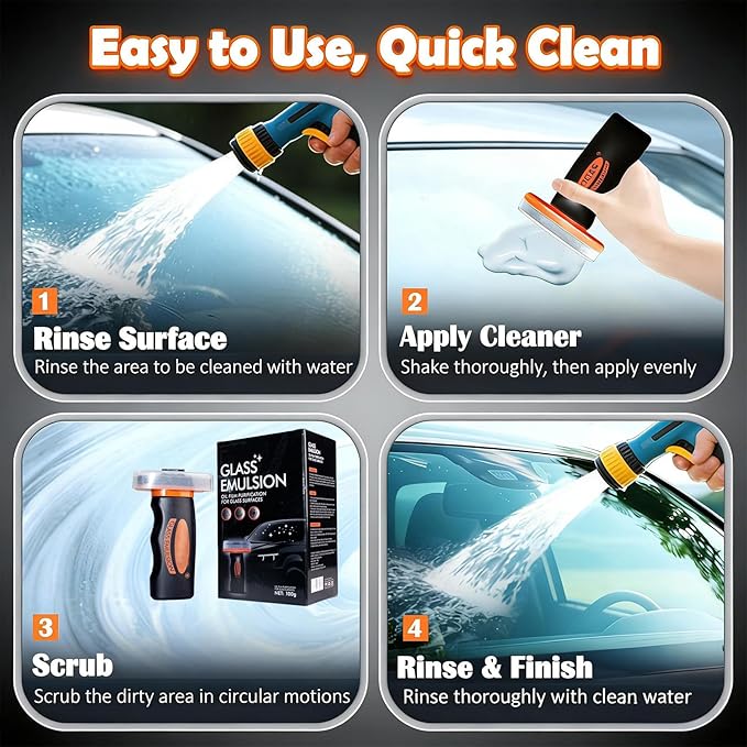 【2PCS】Glass Guard, Glass Oil Film Remover for Car, Glassy Emulsion Cleaner Roll-On Glass Compound with Cleaning Board, Removes Oil Film & Smudges, Improve Windshield Clarity for Safe Driving (100ml*2)