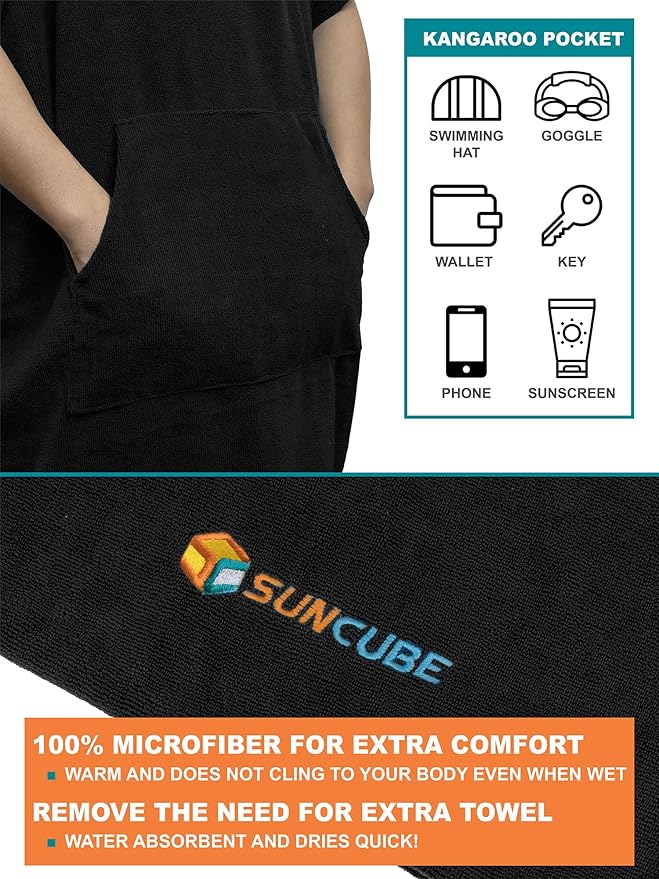 SUN CUBE Surf Poncho Changing Robe with Hood | Absorbent Quick Dry Microfiber Wetsuit Changing Towel with Pocket for Surfing Men Women