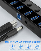 Qeefun Powered USB Hub, 7-Port USB 3.0 Data Extender with Individual LED On/Off Switches and 12V/2A Power Support Port, USB Splitter Expander for Laptop, Desktop PC, iMac and More