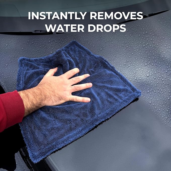 2X Medium Car Drying Towel, 1300 GSM Professional Car Towel with Double Twisted Loop,Super Absorbent Large Microfiber Drying Towels for Cars, Trucks, SUVs - 16"x16" 2-Pack, Navy