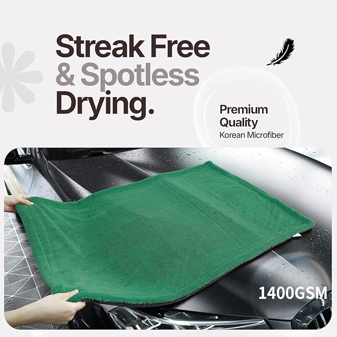Extra Large Car Drying Towel, 36 Inches, 1300gsm,Super Absorbent Polyamide, Double-Twisted Design (Green and Grey)