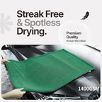 Extra Large Car Drying Towel, 36 Inches, 1300gsm,Super Absorbent Polyamide, Double-Twisted Design (Green and Grey)