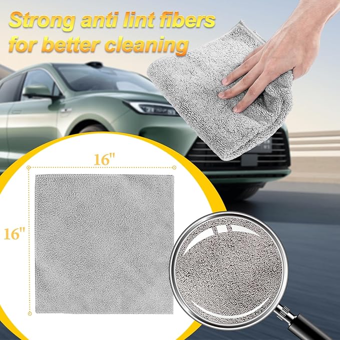 Car Wash Drying Towels, 450gsm Ultra-Thick Absorbent Lint-Free Extra Soft Microfiber Rags for Car Detailing, Interior & Exterior Cleaning Cloths, 16in x 16in - Microfiber, Grey, 12 Packs