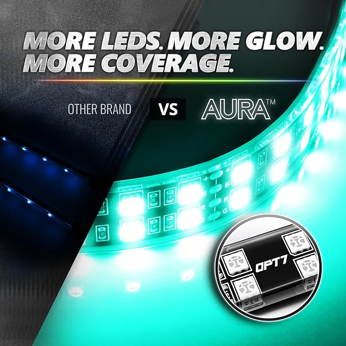 OPT7 Aura Pro 4PC Double LED Interior Car Strip Lights with APP & Remote Control, Multicolor Mode, Sound Active Neon Accent Lighting Kit, Footwell Floor Inside Decor Accessories, 12V Charger Adapter