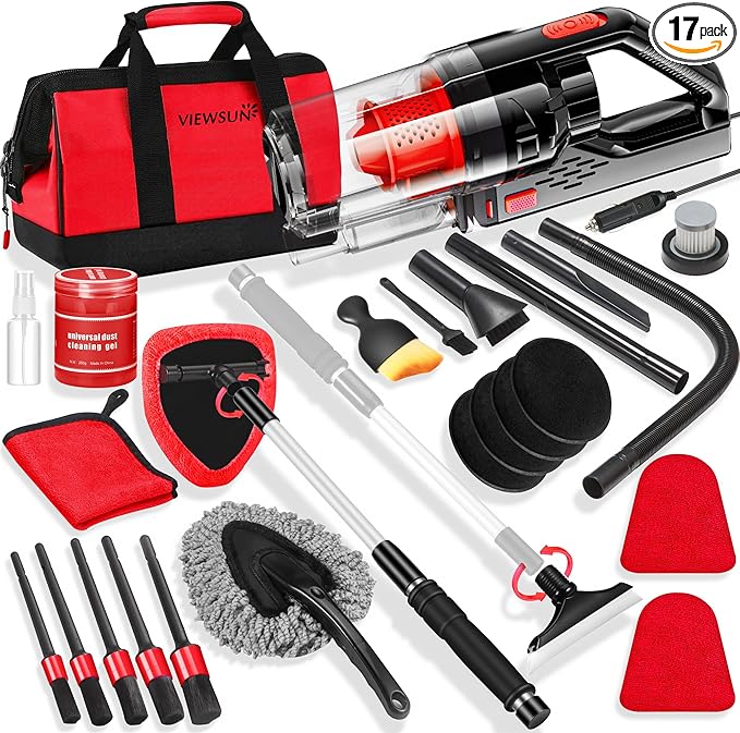 Viewsun 17PCS Car Cleaning Kit, Red Car Interior Detailing Kit with High Power Handheld Vacuum, Detailing Brush Set, Windshield Cleaner, Cleaning Gel, Complete Auto Accessories for Women Girls Gift