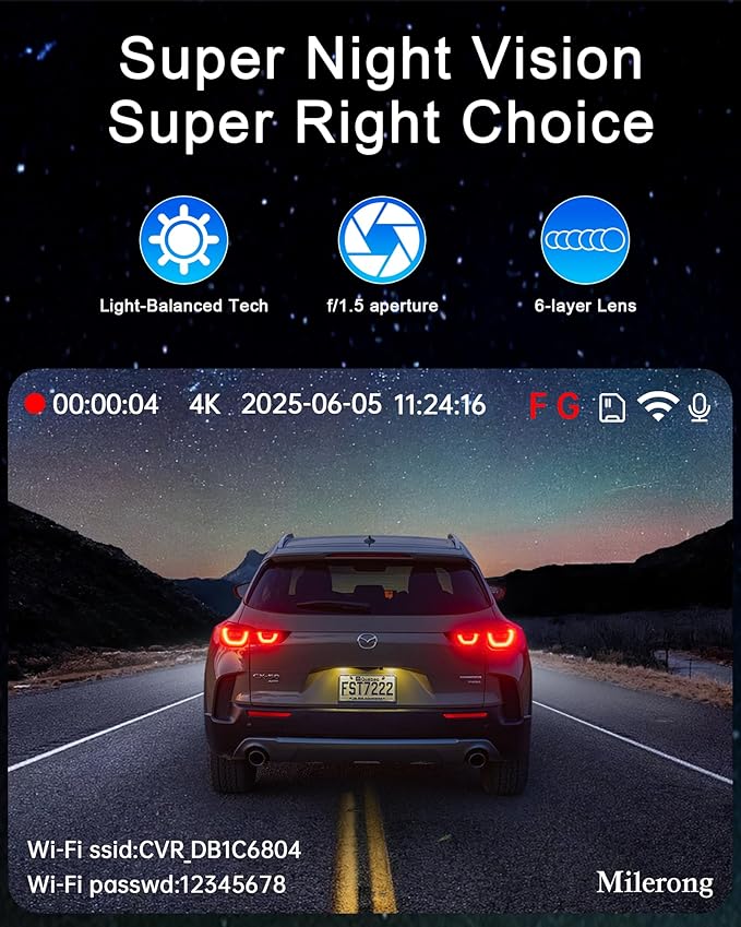 4K Dash Cam Front and Rear Camera with Voice Control,Car Cameras Dashcam for Cars with WiFi, GPS, 64G Card, 24H Parking Monitor, G-Sensor,IR Night Vision,Loop Recording