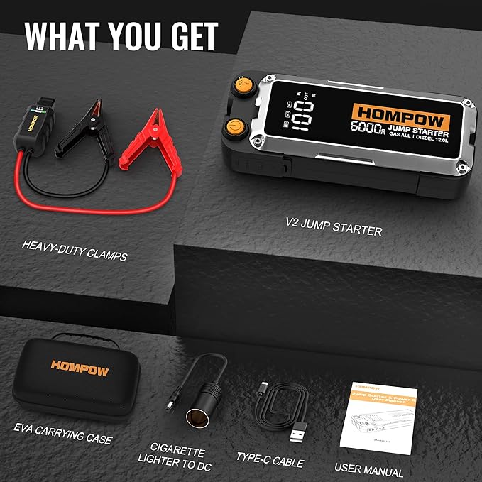 HOMPOW 6000A Car Jump Starter, Portable Car Jumper Starter Battery Pack for All Gas and Up to 12L Diesel Engine, 12V Jump Box with LCD Display, USB Ports and 3 Modes Flashlight
