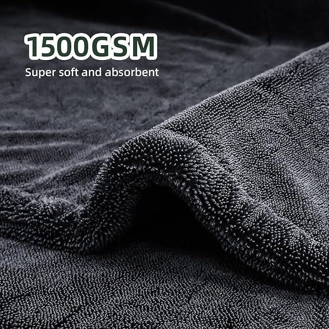 2-Pack 24" x 36" 11.8" x 11.8" Twisted-Loop Car Drying Towel 1500GSM Microfiber Cleaning Cloth for Car Trucks Motorcycles Streak Free Lint Free Ultra Absorbent Washing Cloth for Kitchen Window (Grey)