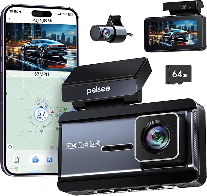 Pelsee P3 4K Dash Cam Front and Rear, 64GB SD Card, 4K+1080P Dual Dash Camera for Cars with Wi-Fi, GPS, ADAS, BSD, LCA, 3’’ IPS Display Car Camera, APP & Voice Control, Night Vision, 24H Parking Mode