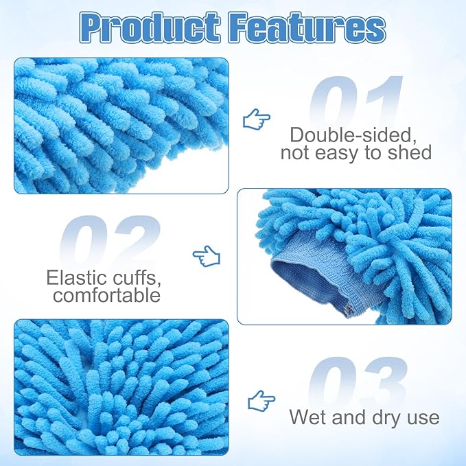 HARFINGTON Chenille Microfiber Car Wash Mitts 10" x 7.5" Scratch Free Wash Gloves Absorbent Double Sided Plush Cleaning Drying Mitts for Car Washing Home Clean Blue