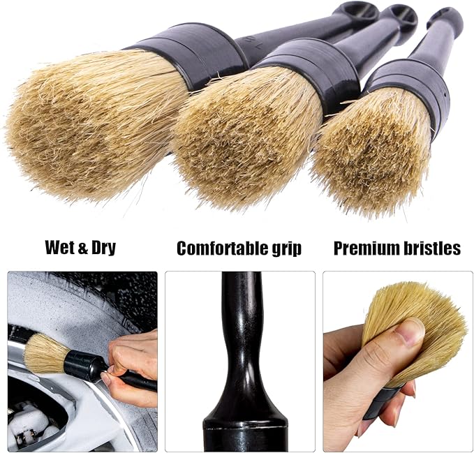 Car Detailing Brushes Set for Cleaning Car Wheel Rim, 3 Pack Automotive Cleaning Brushes Set Wet & Dry Use Scratch Free for Interior Exterior, Leather, Emblem, Wheel, Tire Nut