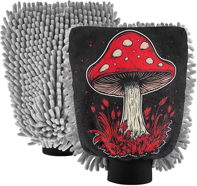 YETTASBIN Mushroom 2PCS Car Wash Mitts, Ultra Absorbent Chenille Microfiber Car Washing Gloves, Scratch-Free Lint-Free Auto Cleaning Mitt, Machine Washable Elastic Cuff Car Wash Sponge