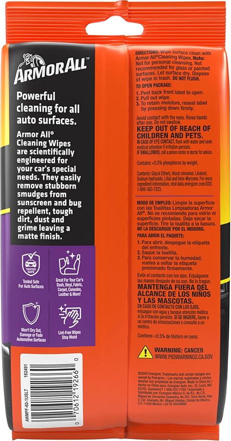 Armor All Car Interior Cleaner Wipes, Interior Cleaning Wipes for Cars, Trucks, Motorcycles, 60 Each (Pack of 2)