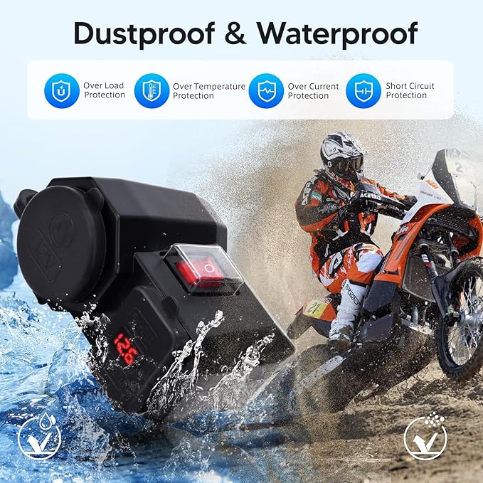 BlueFire 5V/2.1A Dual USB Charger Socket Waterproof Motorcycle Handlebar Clamp Power Adapter Charger USB Charging System with Cigarette Lighter Socket and Voltmeter for Phones/Tablets/GPS
