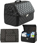 Leather Trunk Organizer with Lid for Suv and more, Foldable Car Organizer, Car Organizers and Storage with Pockets, Non-Slip Design (Black-Black)