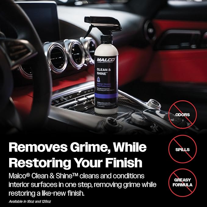 Malco Clean and Shine Interior Car Cleaner and Dressing - Best Interior Car Care to Restore Leather Plastic and Vinyl / 1 Simple Step To Clean, Condition, and Protect/Non-Glare Satin Finish (125916)