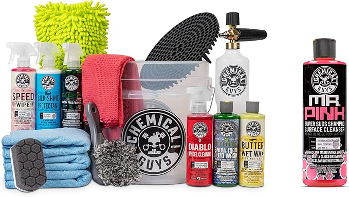 Chemical Guys CWS_402FC 16-Piece Arsenal Builder Carwash Kit, Foam Cannon, Bucket (6) 16 oz Car Care Cleaning Chemicals (Works w/Pressure Washers) with Mr. Pink Foaming Car Wash Soap, 16 oz
