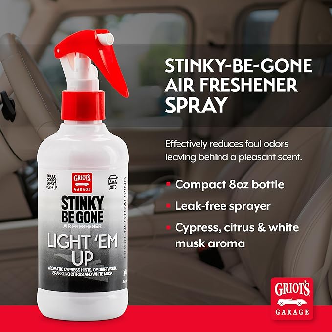 Griot's Garage Stinky-Be-Gone Light 'Em Up Air Freshener Spray – Odor Remover for Cars, Trucks, and SUVs on Carpets, Floor Mats, and Under Seats, 8oz