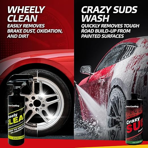 Dura-Coating Metal & Paint Bundle - Blue Premium Metal Polish, All-N-1 Car Polish, Crazy Suds Auto Wash, Wheely Clean Spray, and Quick Slick Polymer Spray, with 4 Polishing Pads & 1 Microfiber Towel