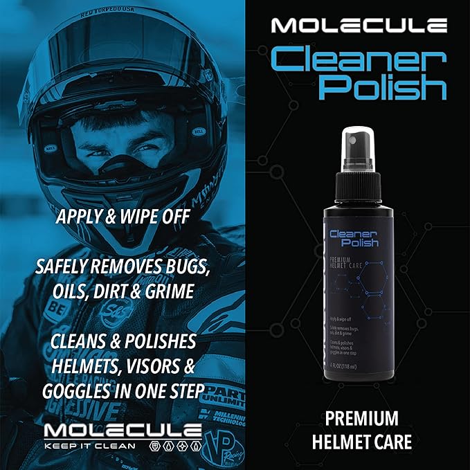 Molecule Helmet Care Kit | Premium Helmet Care | Includes Anti-Fog, Cleaner Polish, Helmet Refresh, and Rain Repel | Cleans and Details Helmets, Visors, and Goggles | 4 Ounces (1 Kit)