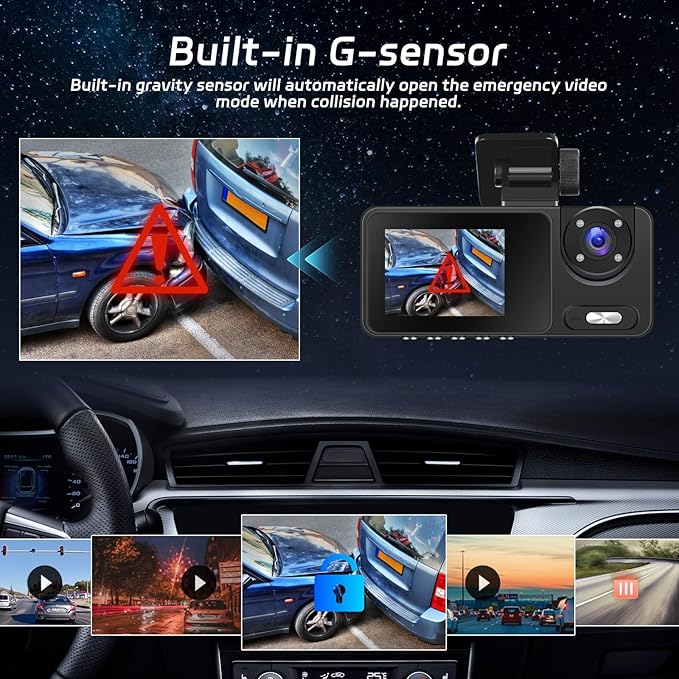 3 Channel Dash Cam Front and Rear, 1080P Dual Dashcam with 4 IR LEDs - 2 inch IPS Screen Front and Inside Dash Cam with G-Sensor, Wide Angle, Night Vision with 64GB Card Included