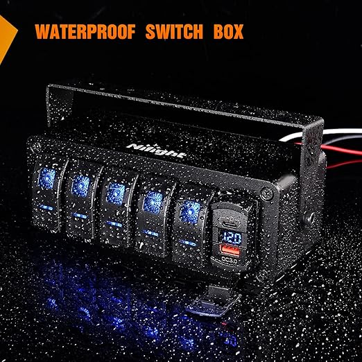 Nilight 5 Gang Rocker Switch Box 12V SPST ON Off Switches PD Type C and QC 3.0 USB Charger Voltmeter Waterproof Aluminum Panel DIY Stickers for Boats Cars RVs Trucks
