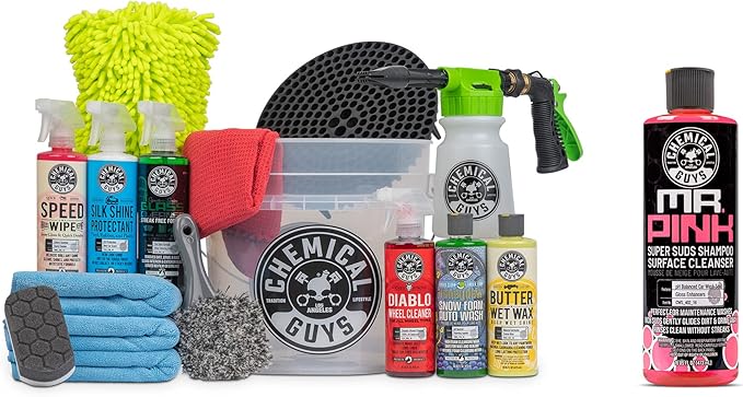 Chemical Guys CWS_402_16FG 10-Piece Arsenal Builder Car Wash Kit, Foam Gun, Bucket (3) 16 oz Car Care Cleaning Chemicals (Works w/Garden Hose) with Mr. Pink Foaming Car Wash Soap, 16 oz