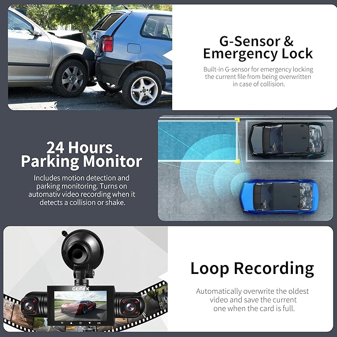 360 Degree View 4 Channel Dash Cam Front and Rear Inside Left Right, GEMEK Dash Camera for Cars FHD 1080P Free 64GB TF Card, Multi-Ch Dash Camera for Cars,Night Vision, 24H Parking Mode