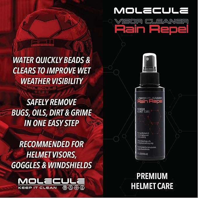 Molecule Helmet Care Kit | Premium Helmet Care | Includes Anti-Fog, Cleaner Polish, Helmet Refresh, and Rain Repel | Cleans and Details Helmets, Visors, and Goggles | 4 Ounces (1 Kit)