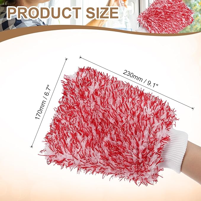 HARFINGTON 2pcs Chenille Microfiber Car Wash Mitts 9.1" x 6.7" Scratch Free Wash Gloves Absorbent Double Sided Plush Cleaning Drying Mitts for Car Washing Home, Red