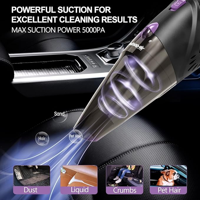 Car Vacuum Cleaner, 12V/106W High Power Handheld Portable Car Vacuum with 16 Ft Cord, Attachments, Filters and Storage Bag, Suitable for All Vehicles (Purple Button)