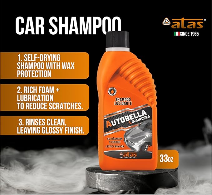 Car Wash & Shine Kit – Foaming Car Shampoo 1000ml + Spray Wax Polish 750ml, Deep Clean, High Gloss Finish, Paint & Plastic Protection, Made in Italy