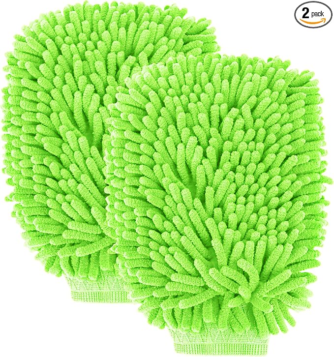 Wuyaoyao 2PCS Car Wash Mitt, 10.14"×7.12" Chenille Microfiber Car Wash Mitts, Scratch-Free & Lint-Free, Absorbent Double Sided Clean Glove for Cars Cleaning, Auto Cleaning Supplies (Fluorescent Green)
