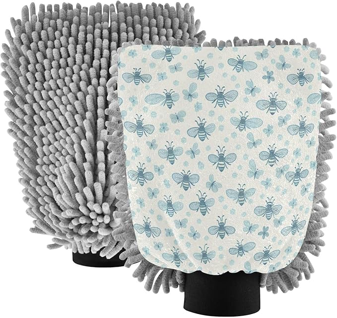 Qilmy Small Blue Bonnet Bees Microfiber Chenille Car Wash Sponge Scratch Free Car Wash Mitt Absorbent Mitt Sponge for Trucks SUVs Car Washing Home Cleaning, Medium