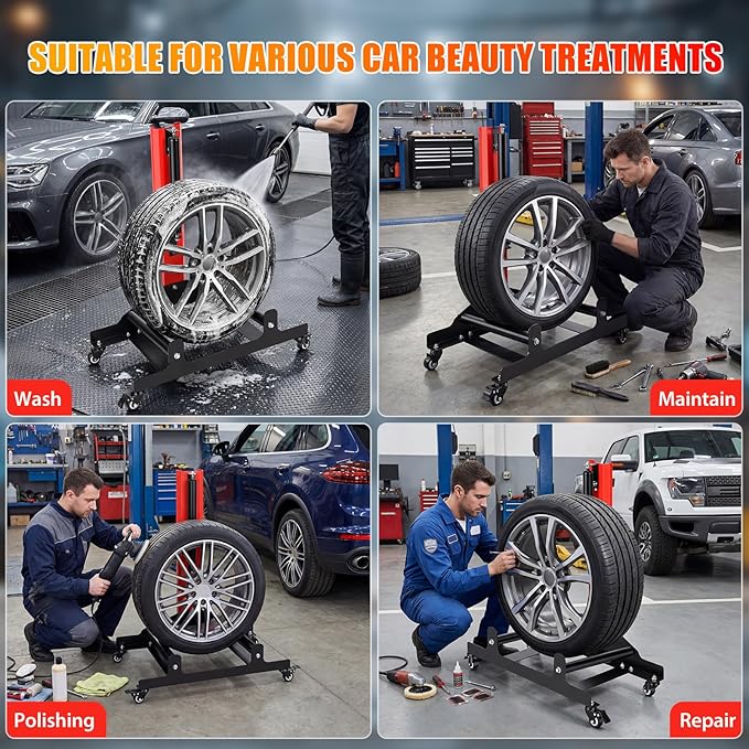 Rolling Wheel Detailing Stand Heavy-Duty Tire Cleaning Stand with 3 Rotating Rollers & Lockable Casters, Ergonomic Tire Wash Stand for Wheel Washing, Polishing, Ceramic Coating, Tire Shine