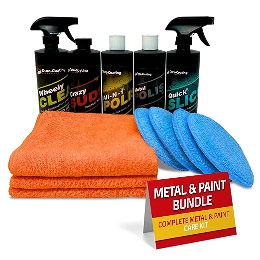 Dura-Coating Metal & Paint Bundle - Blue Premium Metal Polish, All-N-1 Car Polish, Crazy Suds Auto Wash, Wheely Clean Spray, and Quick Slick Polymer Spray, with 4 Polishing Pads & 1 Microfiber Towel